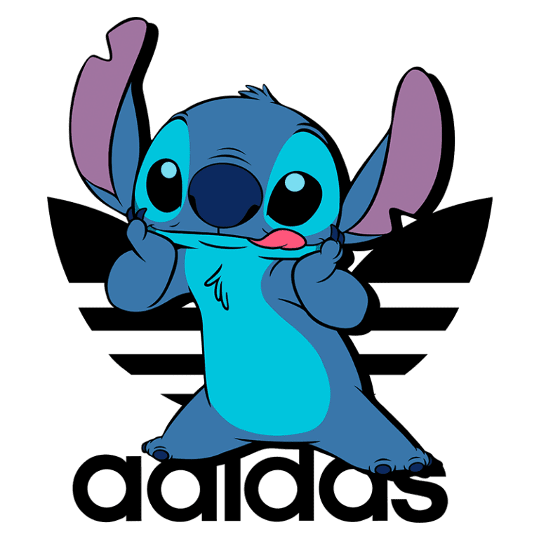Personagem animado Stitch, da Disney, fazendo careta e tocando a boca, em frente ao logotipo da Adidas. Fundo verde destaca as cores azul e rosa do personagem.