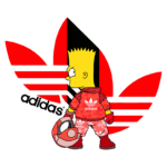 Bart Simpson vestido com um conjunto adidas vermelho e segurando uma bola de futebol, posicionado em frente ao icônico logotipo da marca. A imagem combina elementos de cultura pop e moda esportiva.