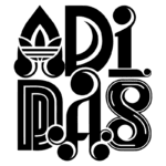 Logotipo estilizado da marca Adidas, com elementos gráficos que incorporam a forma das letras e o icônico emblema de três folhas.