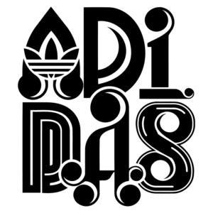 Logotipo estilizado da marca Adidas, com elementos gráficos que incorporam a forma das letras e o icônico emblema de três folhas.