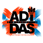 Logotipo da Adidas com as palavras "ADI DAS" em destaque, acompanhado do slogan "ONLY THE BEST FOR THE ATHLETE" e as icônicas três listras em um fundo com pinceladas coloridas.