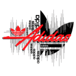 Logotipo estilizado da marca Adidas, apresentando variações da palavra "Adidas" em diferentes fontes e tamanhos, com destaque para a icônica folha tridimensional da marca em vermelho e preto, sobre um fundo verde. Ideal para ilustrar produtos ou moda esportiva.