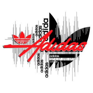 Logotipo estilizado da marca Adidas, apresentando variações da palavra "Adidas" em diferentes fontes e tamanhos, com destaque para a icônica folha tridimensional da marca em vermelho e preto, sobre um fundo verde. Ideal para ilustrar produtos ou moda esportiva.
