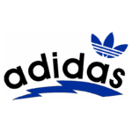 Logotipo da Adidas com o nome em letras minúsculas e uma marca azul em formato de raio, acompanhado pelo clássico símbolo de três folhas da marca. Ideal para representar moda esportiva e estilo urbano.