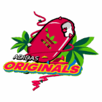 Logotipo da Adidas Originals com fundo colorido, apresentando uma garrafinha vermelha decorada com folhas verdes e elementos gráficos vibrantes.