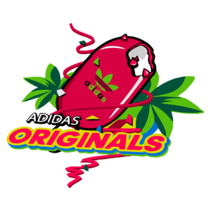 Logotipo da Adidas Originals com fundo colorido, apresentando uma garrafinha vermelha decorada com folhas verdes e elementos gráficos vibrantes.