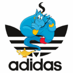 Ilustração do gênio azul da Disney interagindo com uma lâmpada mágica, em frente ao logo da Adidas com as três listras. O design combina elementos de fantasia e moda atlética.