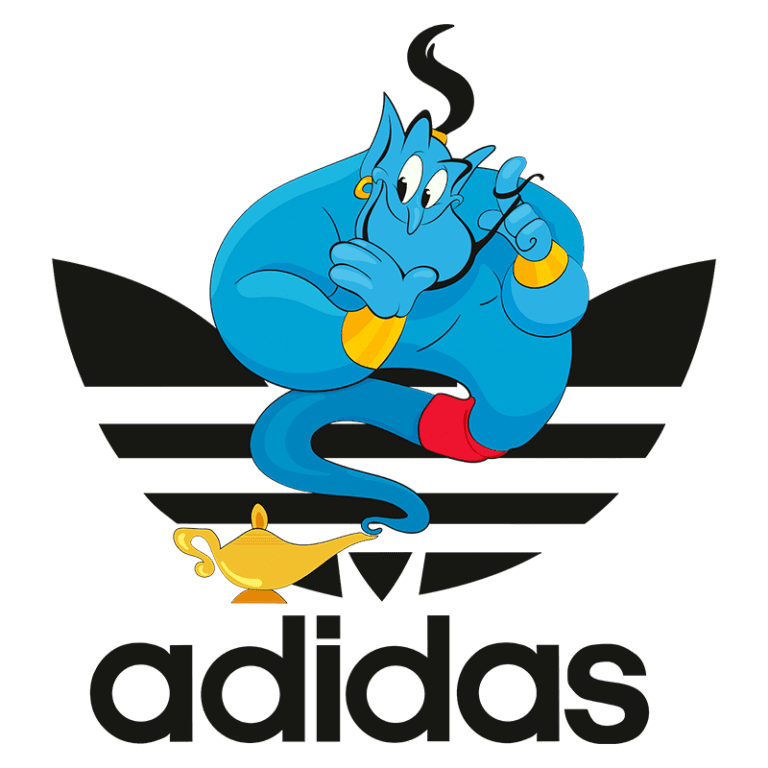 Ilustração do gênio azul da Disney interagindo com uma lâmpada mágica, em frente ao logo da Adidas com as três listras. O design combina elementos de fantasia e moda atlética.