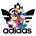 Imagem de personagens da Disney, incluindo Mickey Mouse, Pato Donald e Pateta, estilizados com o logotipo da Adidas. Os personagens estão sorrindo e se abraçando, transmitindo uma sensação de amizade e diversão. Ideal para campanhas de moda e colaborações entre marcas.