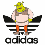 Personagem Shrek sorrindo em frente ao logo da Adidas, representando uma fusão entre cultura pop e moda esportiva.