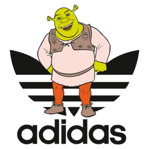 Personagem Shrek sorrindo em frente ao logo da Adidas, representando uma fusão entre cultura pop e moda esportiva.