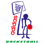 Logotipo da Adidas com temática de basquete, apresentando um personagem estilizado segurando uma bola e um aro de basquete. As cores predominantes são azul, vermelho e verde, destacando a marca e ressaltando o esporte.