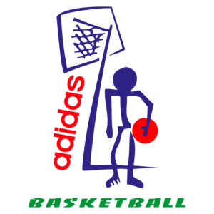 Logotipo da Adidas com temática de basquete, apresentando um personagem estilizado segurando uma bola e um aro de basquete. As cores predominantes são azul, vermelho e verde, destacando a marca e ressaltando o esporte.