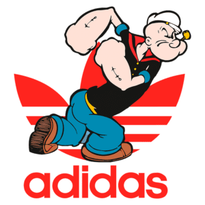 Imagem de Popeye flexionando os músculos diante do logo da Adidas, apresentando um design vibrante e colorido que combina elementos de cultura pop e marca esportiva.