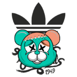 Ilustração de um urso estilizado em cores vibrantes com detalhes de costura, no fundo do logotipo da Adidas. A imagem combina elementos de arte urbana e cultura pop.