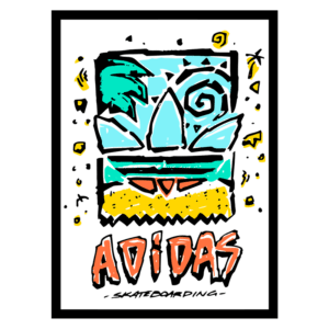 Imagem colorida com o logo da Adidas Skateboarding, apresentando um design artístico com elementos tropicais, como palmeiras e formas abstratas em tons de azul, amarelo e laranja.