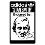 Imagem do selo da Adidas apresentando o tênis 'Stan Smith', com o rosto e a assinatura de Stan Smith, destacado como endossador do produto. Ideal para fãs da marca e do modelo icônico.