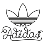 Logotipo estilizado da Adidas, apresentando a icônica folha de três partes e o nome "Adidas" em uma fonte cursiva, em estilo minimalista. Ideal para representar moda esportiva e streetwear.