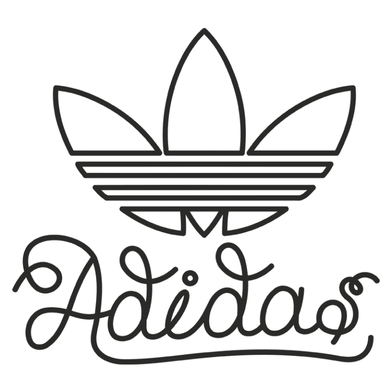 Logotipo estilizado da Adidas, apresentando a icônica folha de três partes e o nome "Adidas" em uma fonte cursiva, em estilo minimalista. Ideal para representar moda esportiva e streetwear.