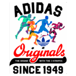 Imagem colorida com o logotipo da Adidas Originals, apresentando quatro corredores em movimento. O design inclui as icônicas três listras da marca e o texto "The brand with the 3 stripes" e "Since 1949". Ideal para representar a cultura esportiva e a herança da Adidas.
