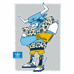 Ilustração de um touro cartum com pele azul, usando uma camisa de estampa de onça e calças amarelas. O touro tem um olhar confiante e está com os braços cruzados. O logo da Adidas aparece no canto inferior esquerdo da imagem.