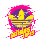 Logo da Adidas com design retro, exibindo as três listras e o ano 1949, em cores vibrantes de amarelo, rosa e roxo, simbolizando a identidade da marca.