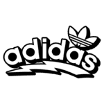 Logo da Adidas com o nome estilizado em letras minúsculas e uma folha com três listras acima, apresentando um design moderno e esportivo.
