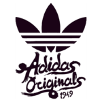 Logotipo da Adidas Originals, apresentando três listras horizontais e uma folha estilizada, com a palavra "Original" em uma tipografia artística, acompanhada do ano 1949.