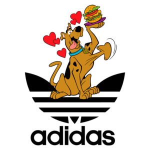 Scooby-Doo, o famoso doguinho, segurando um hambúrguer e cercado por corações, com o logo da Adidas em destaque. Ilustração divertida que combina a cultura pop com elementos de moda.