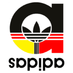 Logotipo da Adidas com três folhas, adornado por faixas nas cores preta, vermelha e amarela, simbolizando um design vintage e estiloso.