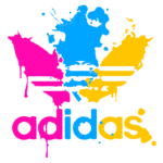 Logotipo colorido da Adidas com efeito de tinta borrada nas cores rosa, azul e amarelo, destacando a marca icônica e seu design moderno.