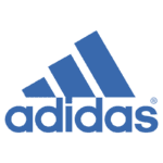 Logotipo da Adidas em azul, destacando o icônico símbolo de três listras e a marca em letras minúsculas, representando qualidade e estilo no vestuário e calçados esportivos.