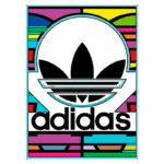 Logo da Adidas com design colorido e moderno, destacando o icônico símbolo com as três listras e o nome "adidas" em letras grandes.