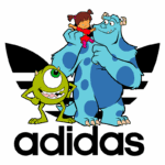 Personagens de animação conhecidos, incluindo um monstro azul e um monstro verde, interagem com uma menina, ao lado do logotipo da Adidas.