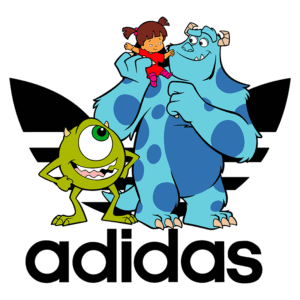 Personagens de animação conhecidos, incluindo um monstro azul e um monstro verde, interagem com uma menina, ao lado do logotipo da Adidas.