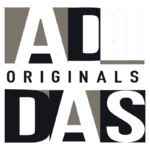 Logotipo da Adidas Originals com letras estilizadas em verde, preto e bege, representando a marca de moda esportiva.