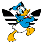 Pato Donald correndo de forma divertida, vestido com um paletó azul e gravata vermelha, com logotipo da Adidas ao fundo. Ideal para conteúdo sobre cultura pop e moda.
