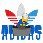 Imagem do personagem Bart Simpson, vestido com um moletom azul e boné, tocando música em uma mesa de som, com o logotipo da Adidas em fundo colorido, destacando referências à cultura pop e moda urbana.