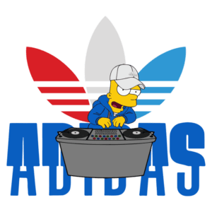 Imagem do personagem Bart Simpson, vestido com um moletom azul e boné, tocando música em uma mesa de som, com o logotipo da Adidas em fundo colorido, destacando referências à cultura pop e moda urbana.