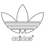 Logotipo da Adidas com três folhas estilizadas e linhas horizontais, representando a marca de roupas e calçados esportivos.
