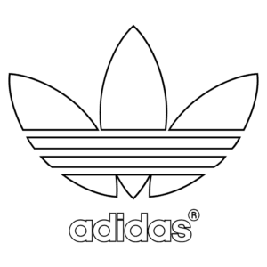 Logotipo da Adidas com três folhas estilizadas e linhas horizontais, representando a marca de roupas e calçados esportivos.