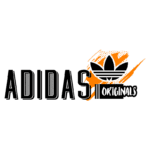 Logotipo da Adidas Originals com elementos gráficos em laranja e preto, destacando a famosa folha de três folhas da marca.