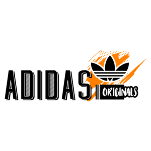 Logotipo da Adidas Originals com elementos gráficos em laranja e preto, destacando a famosa folha de três folhas da marca.