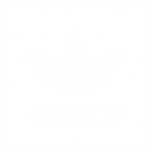Logotipo estilizado da marca Adidas em formato de texto, com fundo verde e elementos gráficos que incluem símbolos e letras em uma disposição criativa.