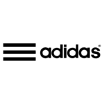 Logotipo da Adidas, marca de roupas e calçados esportivos reconhecida mundialmente, com três listras horizontais acima do nome.