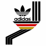 Logotipo da Adidas com a icônica folha de três folhas e faixas coloridas nas cores da bandeira da Alemanha.