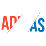 Logotipo da marca Adidas, com as letras "ADIDAS" apresentando cores vermelha, branca e azul. Ideal para representar moda esportiva e estilo.