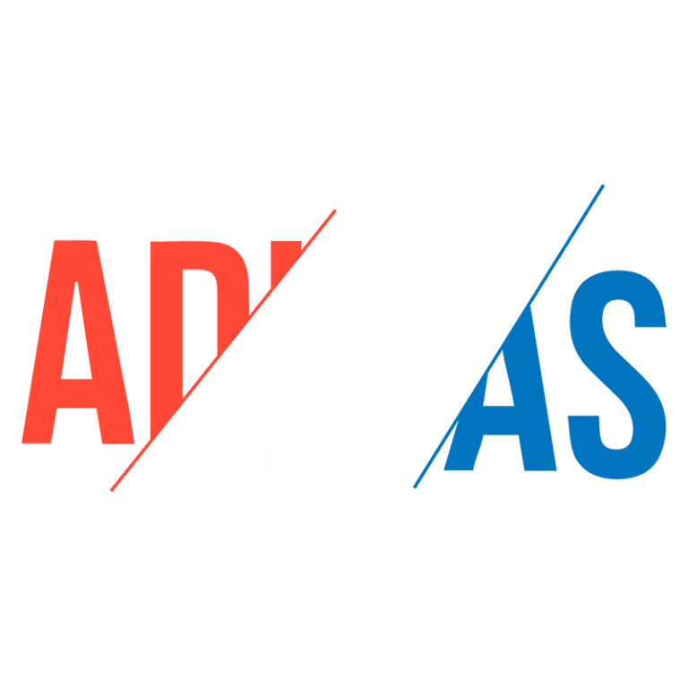 Logotipo da marca Adidas, com as letras "ADIDAS" apresentando cores vermelha, branca e azul. Ideal para representar moda esportiva e estilo.