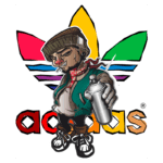 Personagem estilizado segurando uma lata de spray, com um fundo colorido lembrando o logo da Adidas, representando a cultura urbana e o grafite.