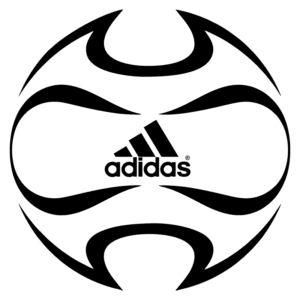 Logotipo da Adidas em formato de bola de futebol, com traços ousados e dinâmicos, representando a marca no contexto esportivo. Ideal para artigos sobre moda esportiva ou futebol.